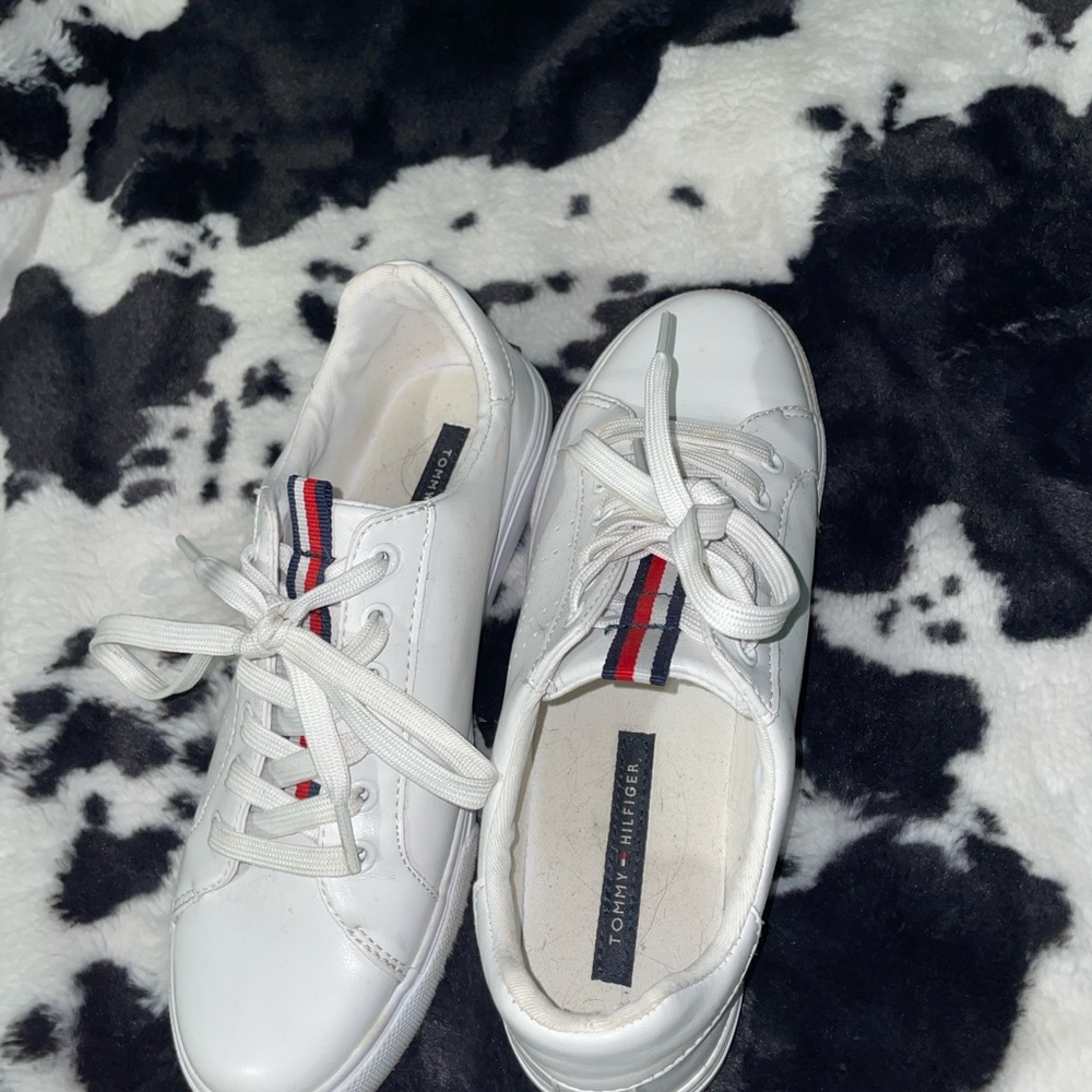 Tommy Hilfiger White Sneakers with Red and Blue Stripes